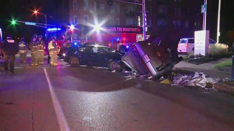 Car flips on side after crash in south St. Louis City